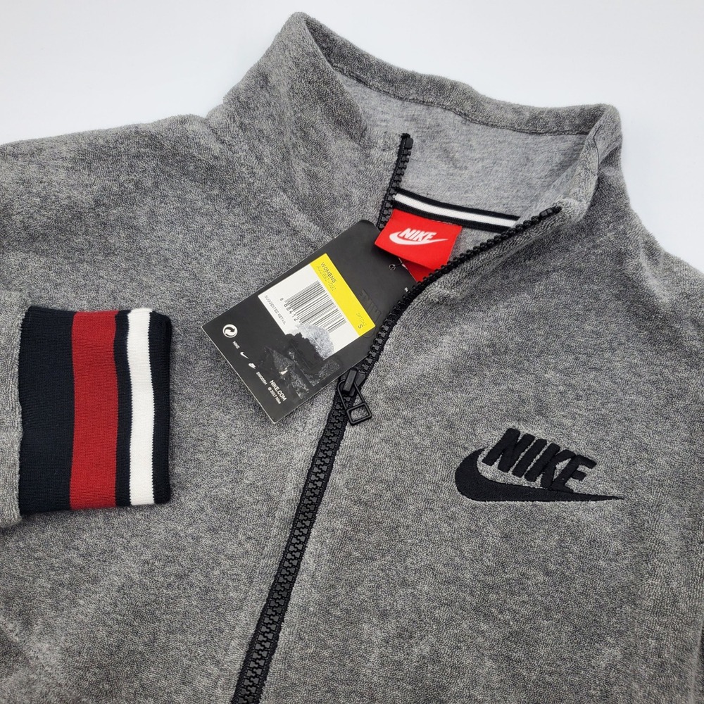 Nike Women's Gray Terry Cloth 1/4 Zip Track Jacket Top with Stripe‎ Trim Small